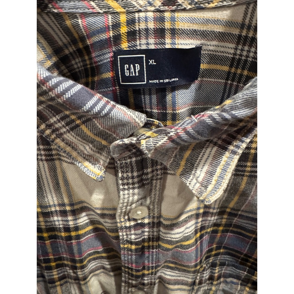 Gap Mens XL Plaid Flannel Shirt Long Sleeve Cotton Button Down Grey Yellow Blue